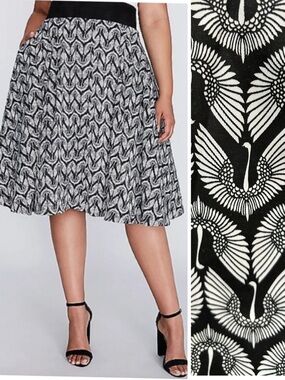 Melissa McCarthy Seven7 Crane Bird Print Midi Swing Full Skirt Black White  4X